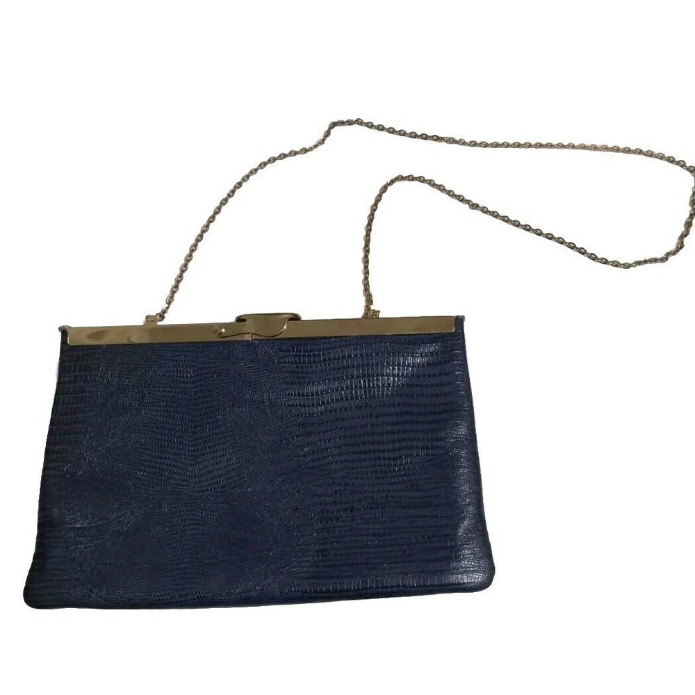 Vintage Etra Leather Clutch Blue Lizard Gold Chain Strap Convertible 8" W 5" H